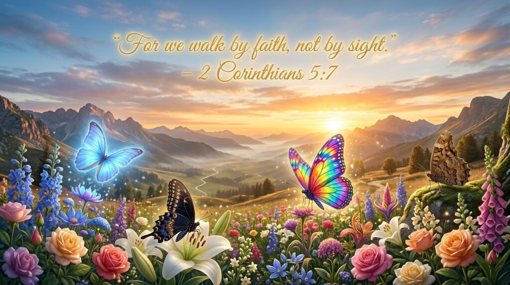 Colorful Butterfly Dream Meaning ead Butterfly Dream Meaning: Hope After Every Ending
Prompt:
Create a wide cinematic landscape banner (16:9) showing a delicate butterfly resting peacefully on the ground while another beautiful butterfly emerges from its chrysalis on a flowering branch nearby. The warm sunrise fills the landscape with golden light, blooming flowers, green grass, and a peaceful blue sky, symbolizing hope, renewal, healing, and new beginnings after difficult times. Leave 30–40% clean empty sky at the top for a blog title. Add elegant golden Bible verse text:
"Weeping may endure for a night, but joy comes in the morning." – Psalm 30:5
Ultra-realistic, photorealistic, cinematic storytelling, HDR, inspirational Christian artwork, soft golden lighting, highly detailed, professional blog banner, wide-angle composition, 8K quality, no watermark, no logo.