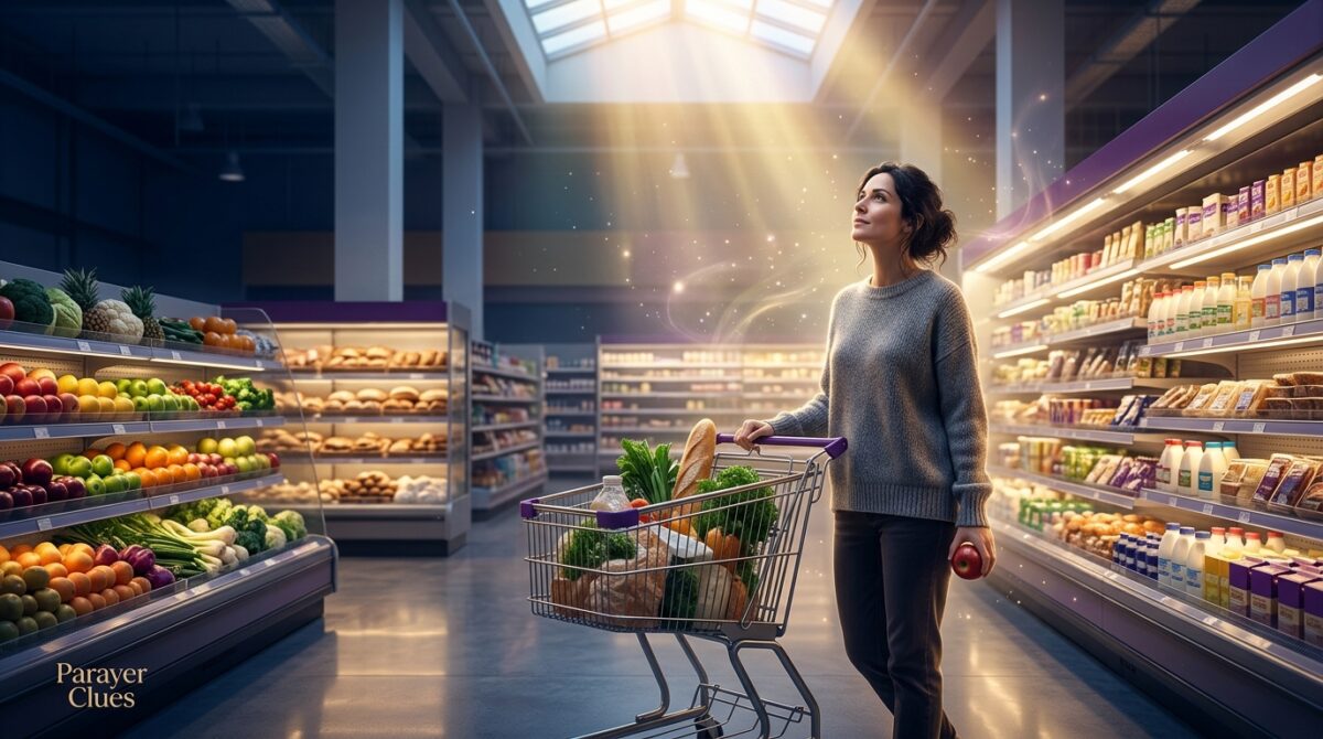 Create a highly realistic biblical-inspired dream scene based on “Biblical Meaning of a Grocery Store in a Dream”, showing a peaceful grocery store filled with abundant fresh food, bread, fruits, grains, and supplies, warm heavenly light shining through the ceiling, an open Bible resting beside a shopping basket, subtle rays of golden light symbolizing God's provision, serene spiritual atmosphere, realistic textures, cinematic photography, premium blue, gold, and white palette, inspirational Pinterest-worthy composition, elegant typography, display this Bible verse clearly at the bottom: “And my God will supply every need of yours according to his riches in glory in Christ Jesus.” — Philippians 4:19, small elegant “Parayer Clues” branding in the last left-side corner, no horror or gore, 16:9.